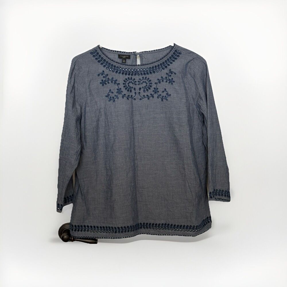 Talbots Petite Medium Womens Embroidered 3/4 Sleeve Pullover Shirt 100% Cotton